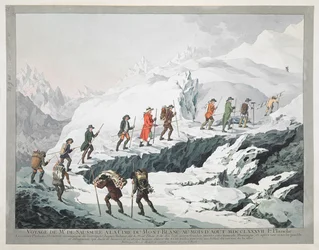 Horace Bénédict de Saussure et ses guides traversant un glacier du mont Blanc