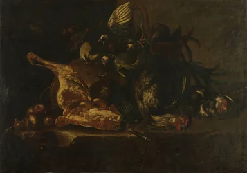Nature morte avec viande et oiseaux morts