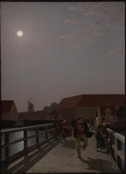 Langebro, Copenhague, au clair de lune avec des figures en mouvement