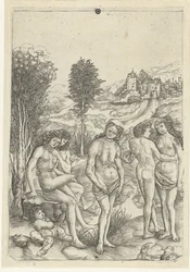 Vieille femme et deux couples amoureux dans un paysage