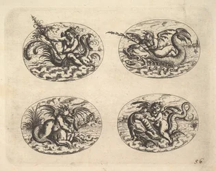 Quatre ovales avec génies, planches du Neue Grotessken Buch, 1610