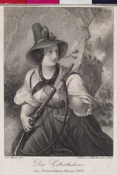 Filles du Zillertal (vallée) dans la lutte pour la liberté du Tyrol en 1809 (gravure)
