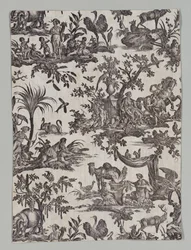 Fragment de coton imprimé à la plaque de cuivre avec le design Les quatre parties du monde, 1788