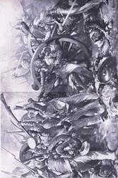 La bataille de Meanee, 17 février 1843 : Le combat aux canons (illustration de British Battles on Land and Sea)