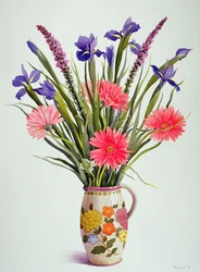 Iris et Gerbera dans un pichet hollandais