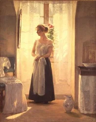 Intérieur avec une fille devant un miroir