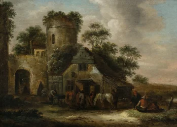 Personnages devant une auberge près des murs de la ville en été