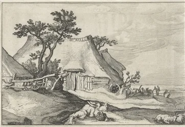Ferme et berger avec moutons et chèvre