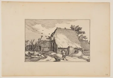 Une ferme, un homme avec deux seaux sur le chemin devant, tiré de Paysages (Verscheyden aerdige Lanthuysen...)