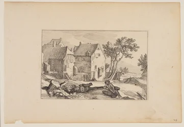 Cour de ferme, berger au repos au premier plan, extrait de Paysages (Verscheyden aerdige Lanthuysen...)