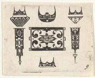 Estampe de broderie noire avec neuf motifs, vers 1620.