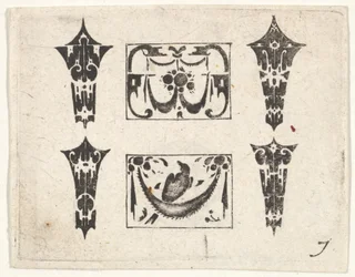 Estampe de broderie noire avec deux panneaux horizontaux et quatre sertissages, vers 1620