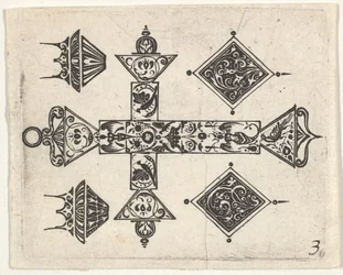 Gravure en noir avec une croix latine et quatre motifs, vers 1620