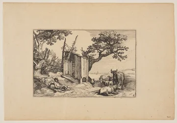 Grange délabrée avec troupeau et bétail, extrait de Paysages (Verscheyden aerdige Lanthuysen...)