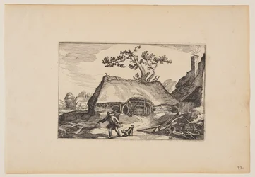 Ferme avec hangar pour charrette, homme avec chien aboyant, from Paysages