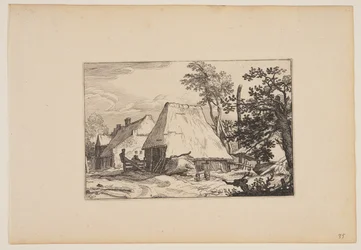 Cour de ferme, homme se reposant sur une clôture à gauche du centre, extrait de Paysages (Verscheyden aerdige Lanthuysen...)