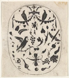 Estampe ovale de broderie noire avec oiseaux, insectes et fruits, vers 1620