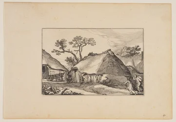 Deux granges, charrette à gauche, extraites de Paysages (Verscheyden aerdige Lanthuysen...)