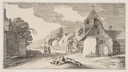Trois paysans se reposant à un carrefour dans un village, extrait de Paysages (Playsante Lantschappen)