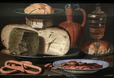 Dutch : Nature morte aux fromages, amandes et bretzels Nature morte aux fromages, amandes et bretzels