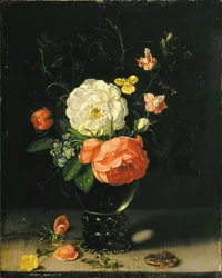 Fleurs dans un vase avec sauterelle et grenouille