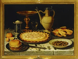 Nature morte - Repas avec poulet rôti, pain et olives ...
