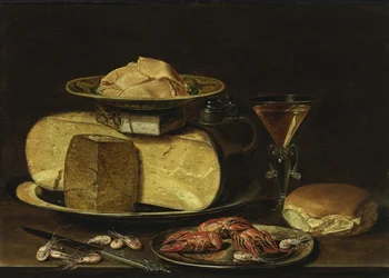 Nature morte avec fromages, verre à la façon de Venise et écrevisses sur une assiette en étain