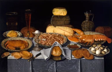 Nature morte avec crabe, crevettes et homard