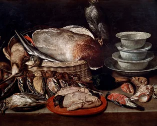 Nature morte montrant des oiseaux, des coquillages et de la poterie
