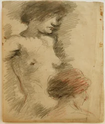 Nu féminin debout, femme tournée de dos devant