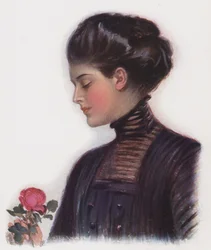 Fille avec une rose (lithographie en couleur)