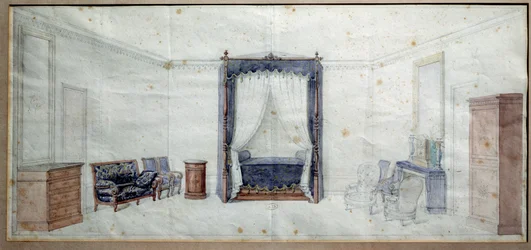 Chambre (avec commode, canapé, fauteuil et lit à baldaquin)