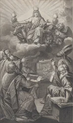 Figure allégorique apparaissant sur des nuages au-dessus d