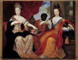 Portraits de Mademoiselle de Blois et de Mademoiselle de Nantes servies par leur domestique noire. Mademoiselle de Blois (1677-1749), future épouse de Louis de Bourbon, Mademoiselle de Nantes (1673-1743), future duchesse d