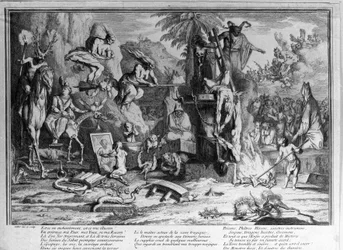 Cérémonies du sabbat, démons, sorcières et créatures monstrueuses dansant. Gravure de Gillot