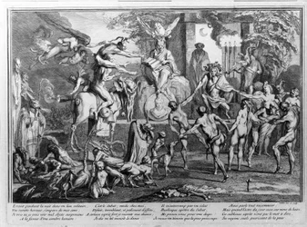 Cérémonie du sabbat, démons, sorcières et créatures monstrueuses dansant. Gravure de Gillet