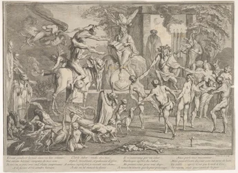 Sabbat des Sorcières, dans un paysage nocturne, un nécromancien assis au centre supérieur, vers 1700-1720