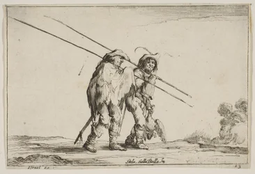 Planche 13 : Deux piquiers marchant vers la droite, chacun avec leurs piques dans la main droite