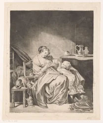 Intérieur avec une femme assise nourrissant son enfant