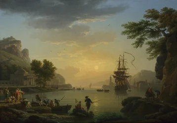 Un paysage au coucher du soleil avec des pêcheurs revenant avec leur prise, 1773
