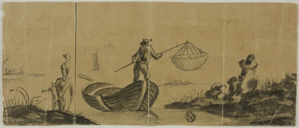Chinoiserie avec Homme Pêchant depuis un Bateau, Femme et Enfant Debout sur le Rivage