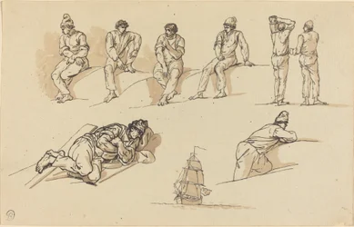 Huit études de figures et un navire en mer