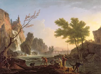 Pêcheur dans un paysage avec une cascade et un pont