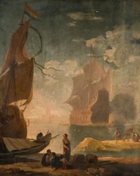 Scène de port avec un vaisseau de guerre et des personnages sur un quai, 1825