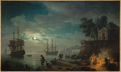 La nuit, un port de mer au clair de lune ...