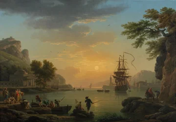 Paysage au coucher de soleil avec retour de pêche