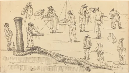 Figures sur le quai et une longueur de corde attachée à une bitte d