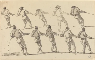 Dix hommes tirant sur des cordes