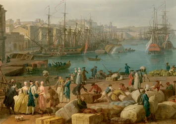 Le port de Marseille au 18ème siècle Détail représentant le déchargement des marchandises. Peinture par Joseph Vernet (1714-1789) 18ème siècle Paris. Musée de la Marine