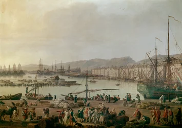 Vue du port de Toulon Détail, le vieux port, vue prise de la côte des magasins. Peinture par Joseph Vernet (1714-1789) 1756. Paris, Musée de la Marine - Vue du port de Toulon. Détail. Peinture par Joseph Vernet (1714-1789), huile sur toile